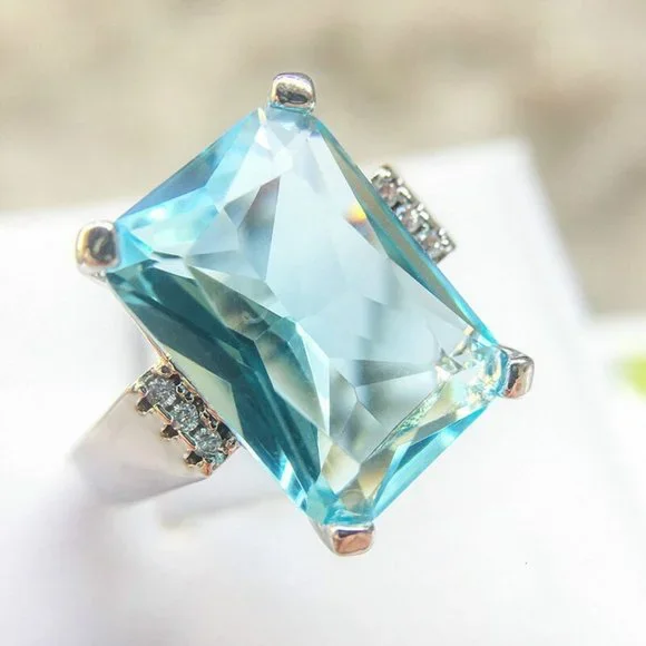 NEW Huge Aquamarine Diamond Silver Engagement Ring - Picture 7 of 8